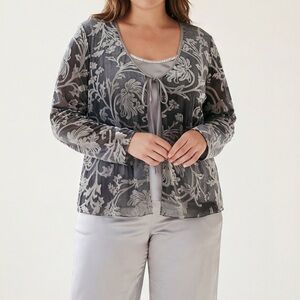 Biyaycda black silver floral Burnout Velvet sheer cardigan Satin Cami set Formal
